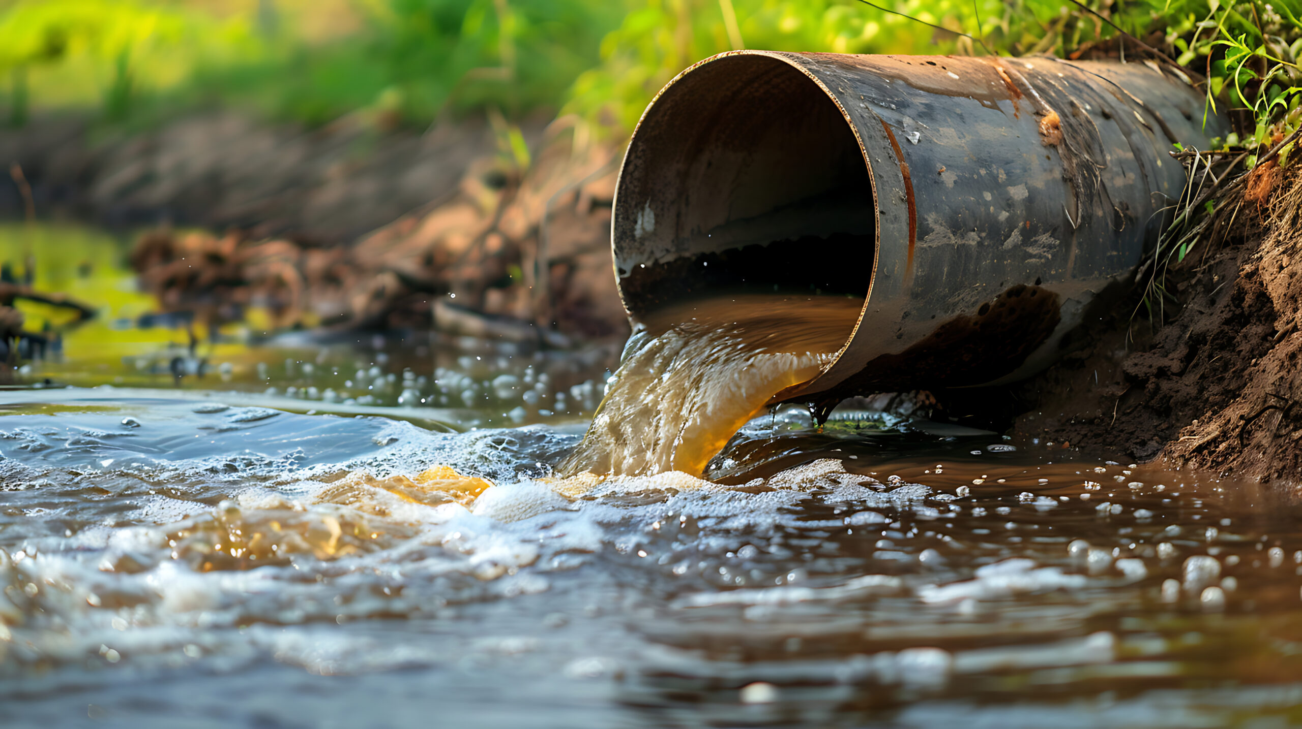 Sewage being discharged into a river through a pipe